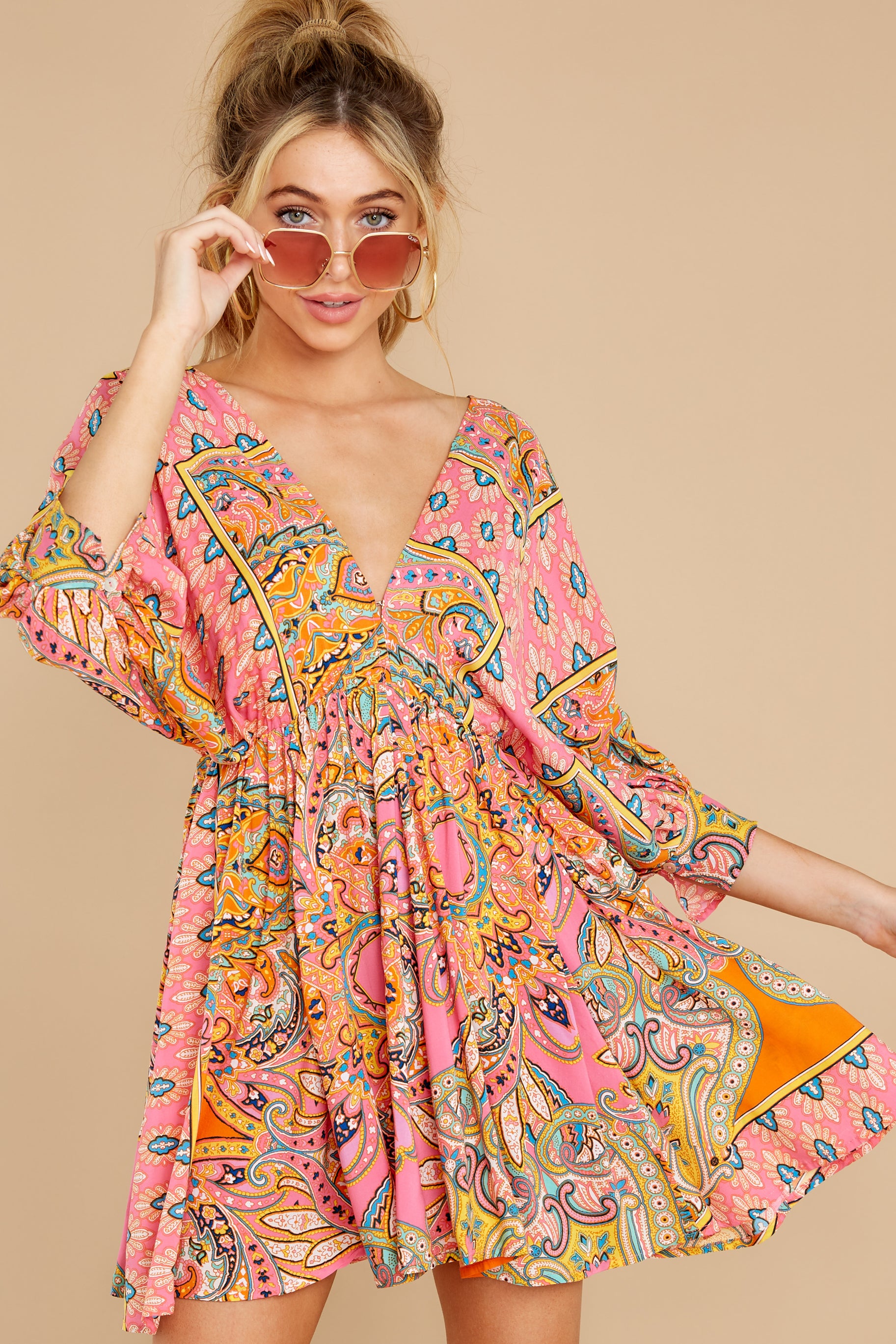 5 Here's To The Chase Pink Multi Print Dress at reddress.com