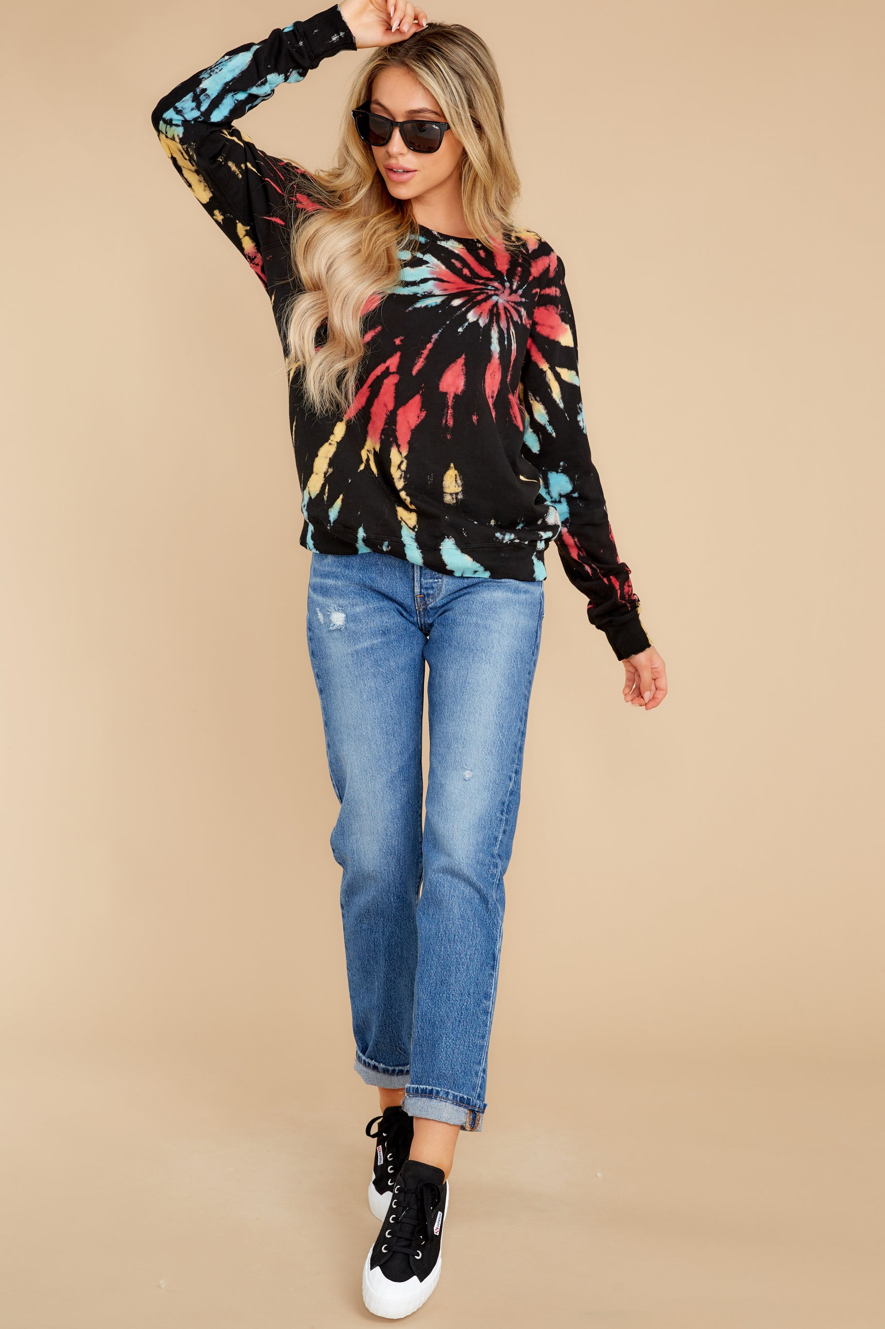 5 Step On Up Black And Red Multi Tie Dye Pullover at reddress.com