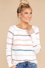 6 Skip A Beat White Multi Stripe Sweater at reddress.com