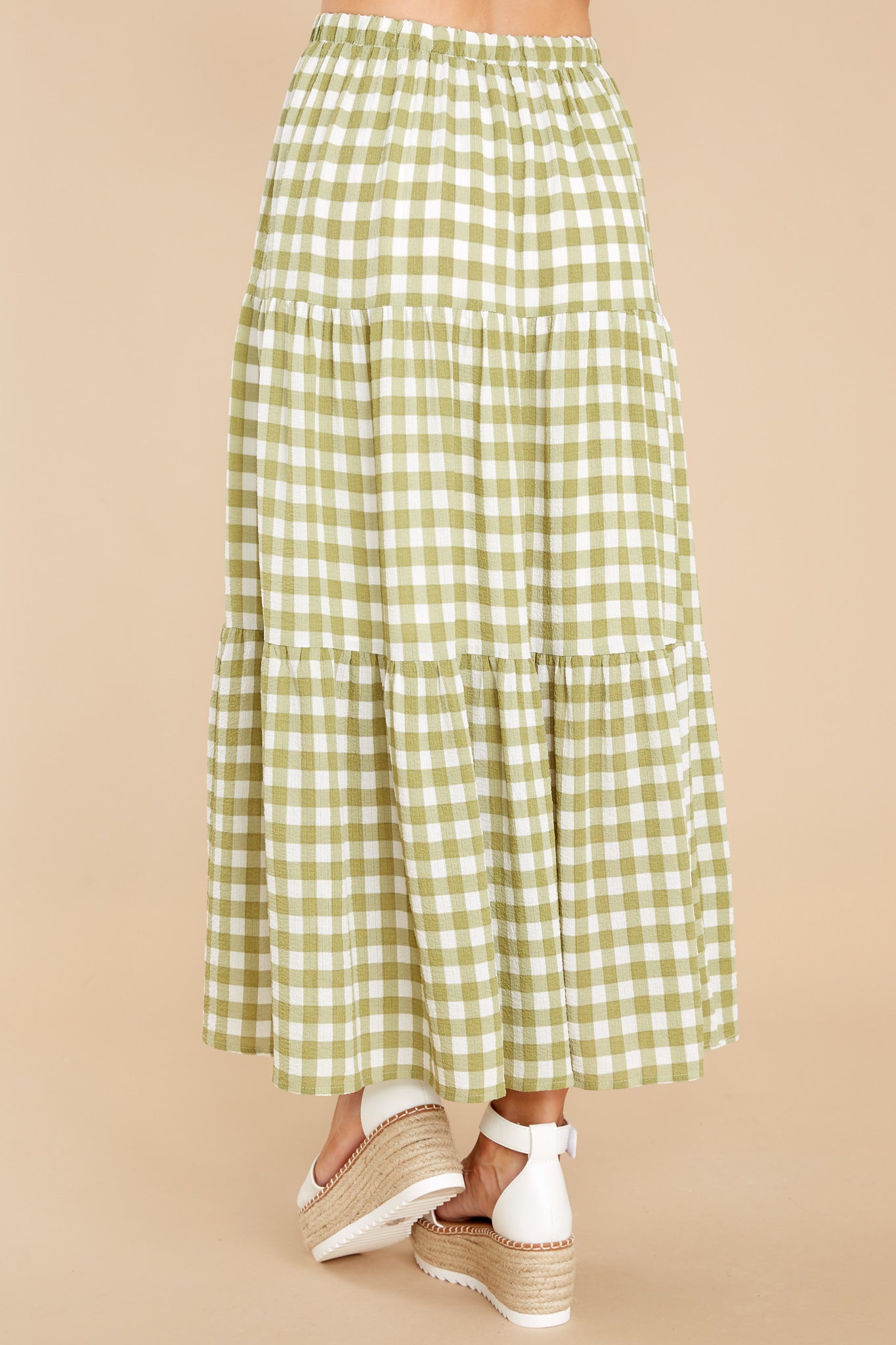 4 Fresh And Youthful Light Olive Gingham Maxi Skirt at reddress.com