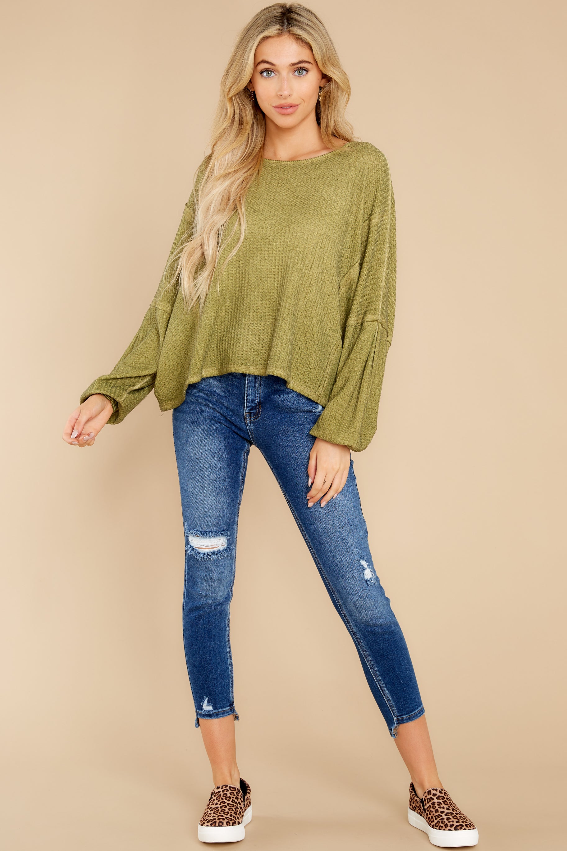 2 Let's Be Casual Moss Green Waffle Knit Top at reddress.com