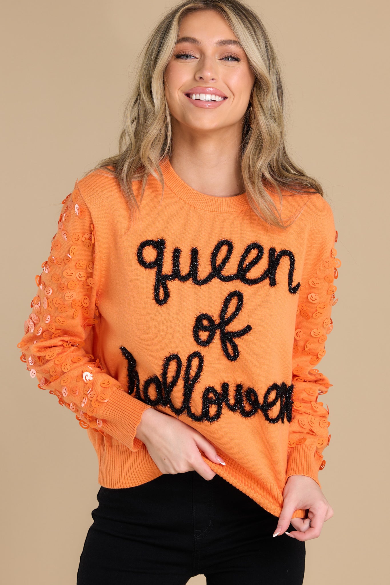 7 Queen Of Halloween Glitter Script Orange Sweater at reddress.com