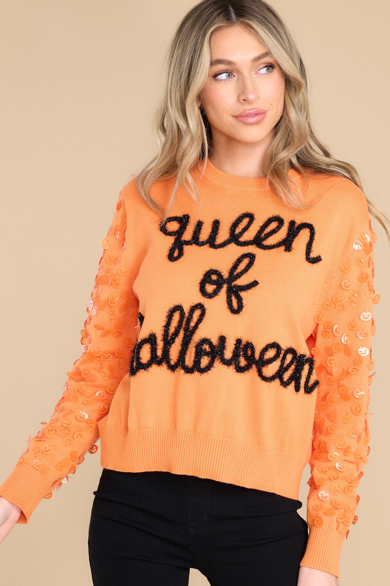 8 Queen Of Halloween Glitter Script Orange Sweater at reddress.com