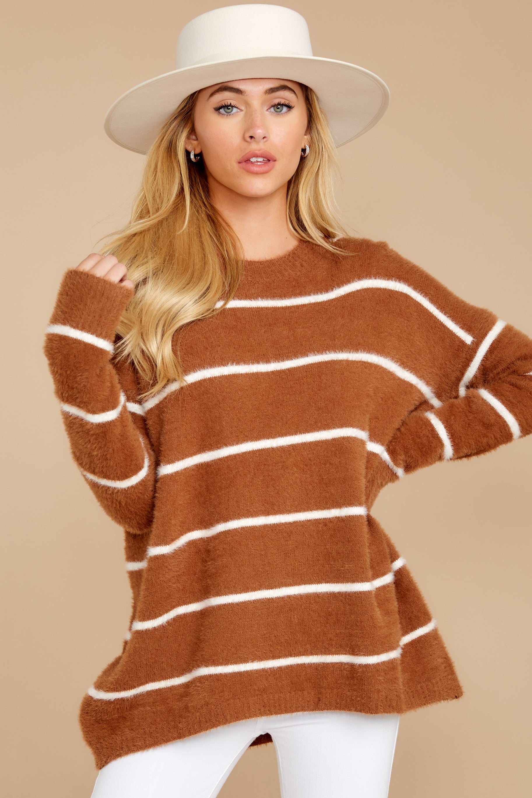 6 Great Expectations Light Brown Stripe Eyelash Sweater at reddress.com