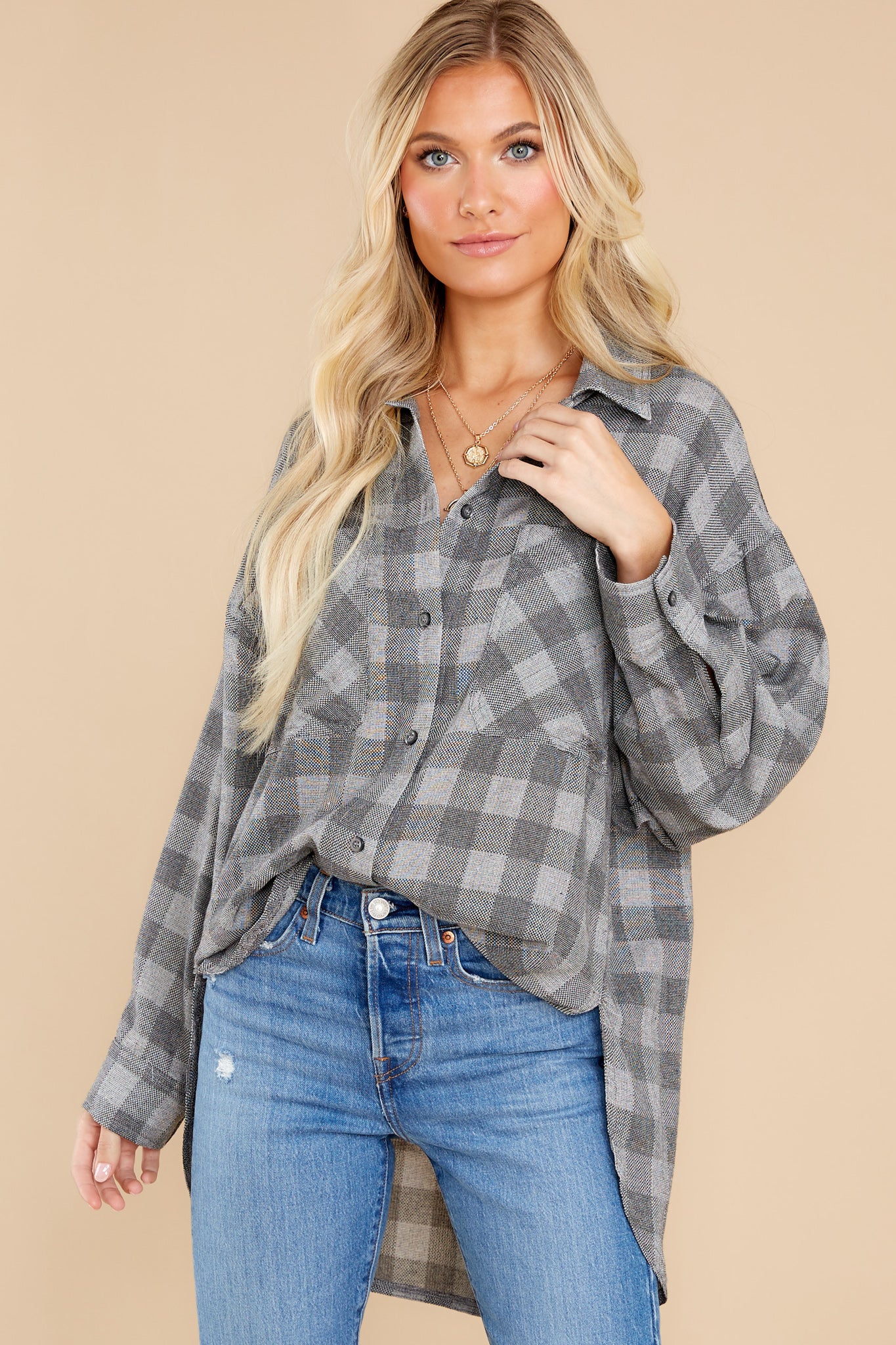 Cute Grey Plaid Top - Button Up Tops | Red Dress