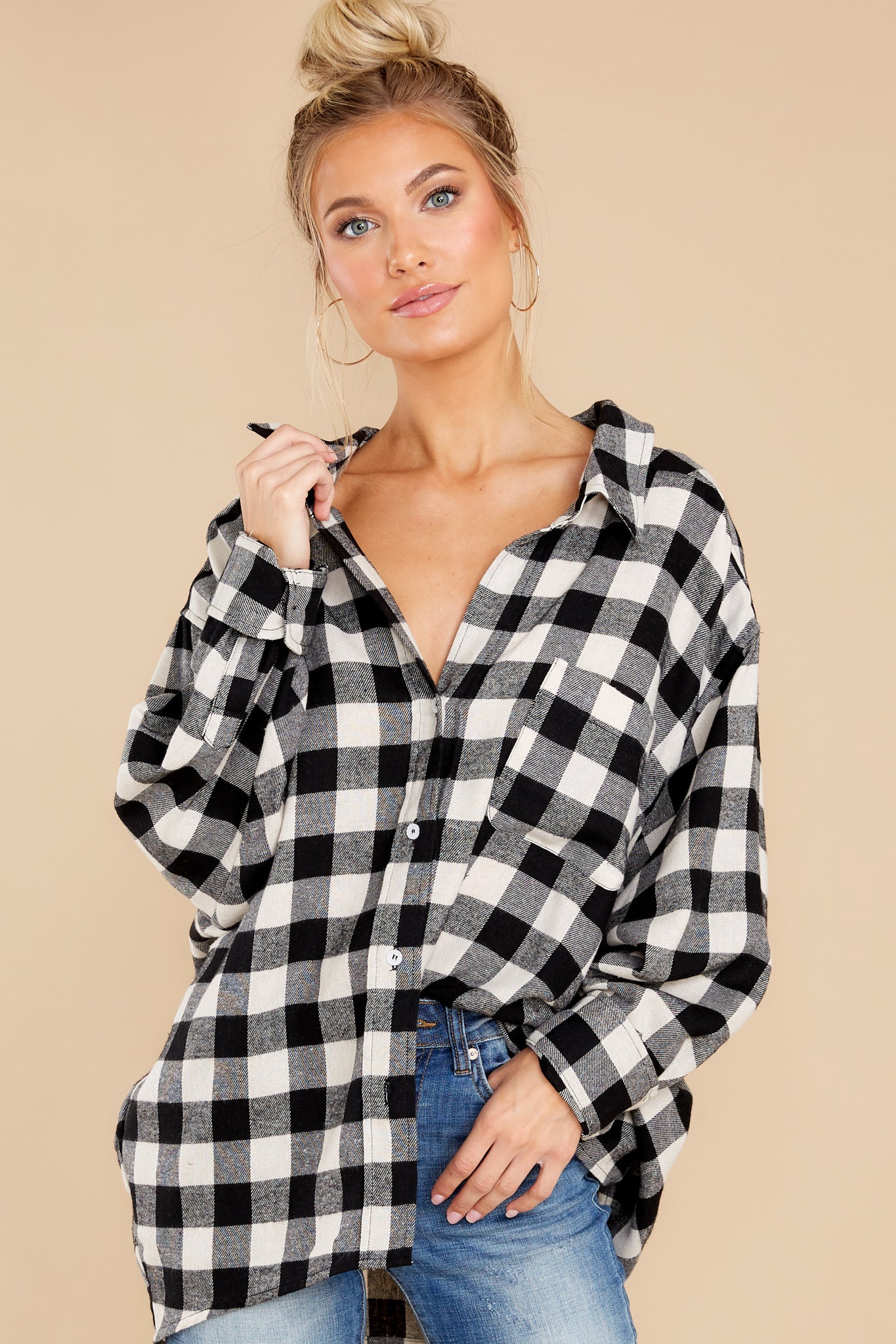 7 Chasing Cities Black And White Plaid Top at reddress.com