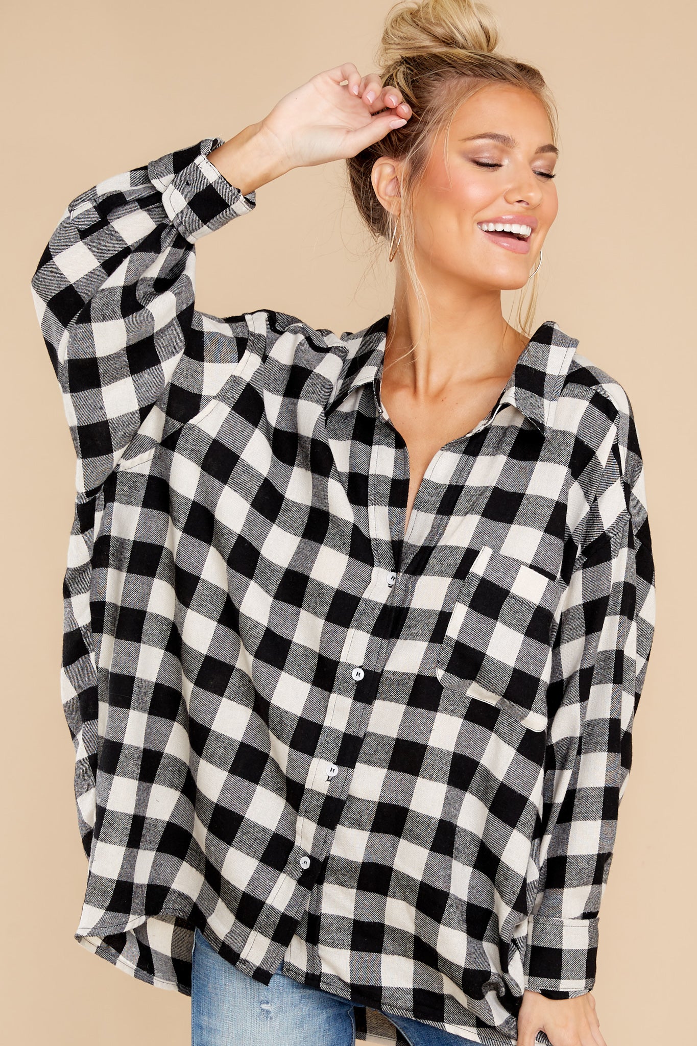 8 Chasing Cities Black And White Plaid Top at reddress.com