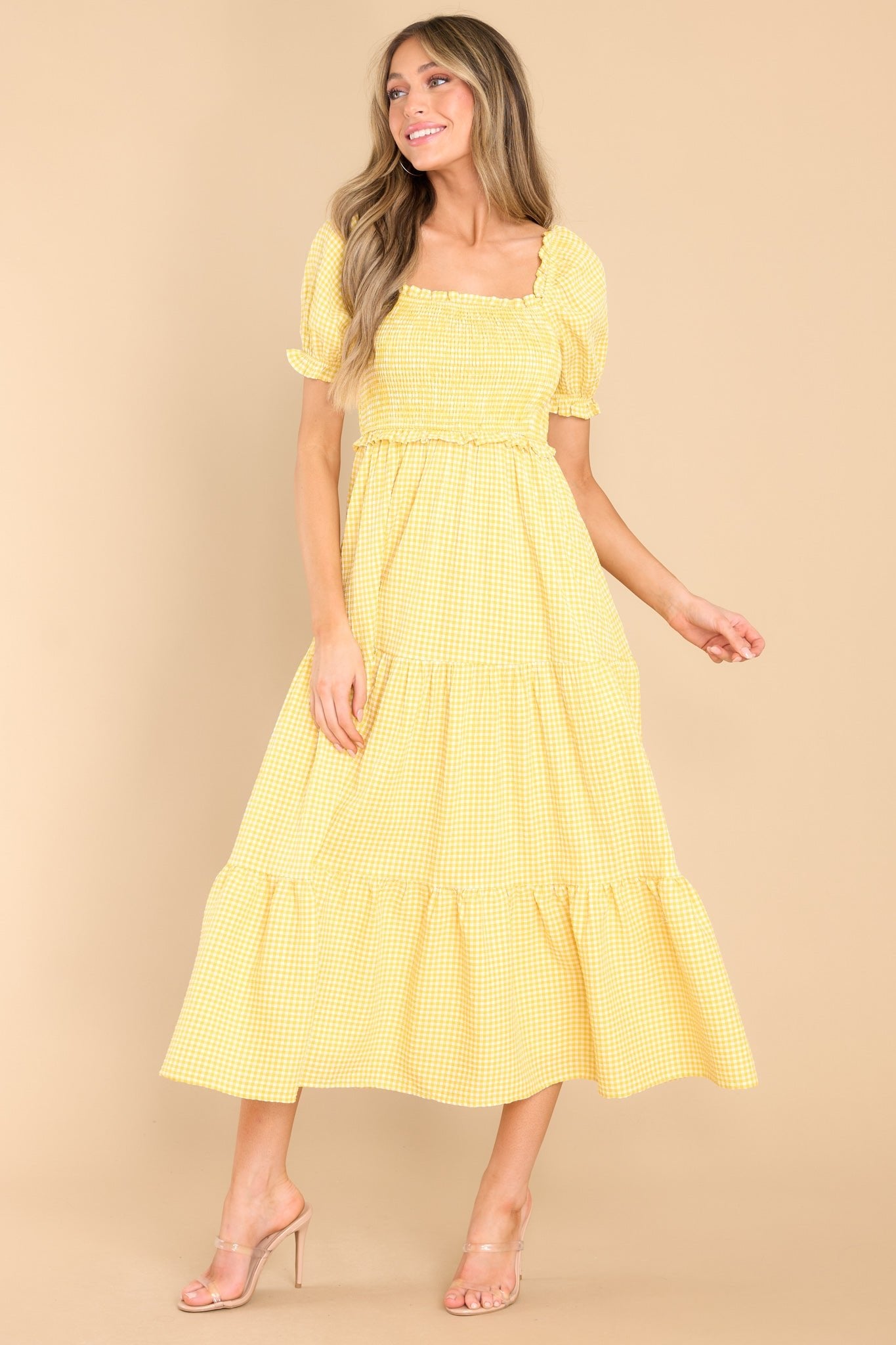 Acts Of Kindness Yellow Gingham Midi Dress - Red Dress
