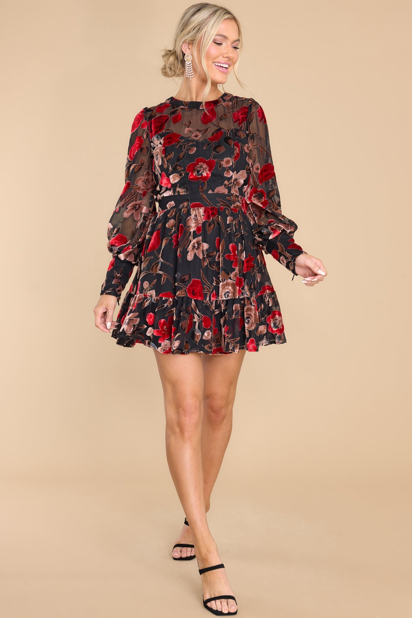 Alluring Blooms Black Floral Print Velvet Dress - Red Dress