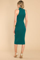 Back view of this mock-neck dress that features a sleeveless design with wide openings, a bodycon silhouette, and a ribbed material containing stretch throughout.