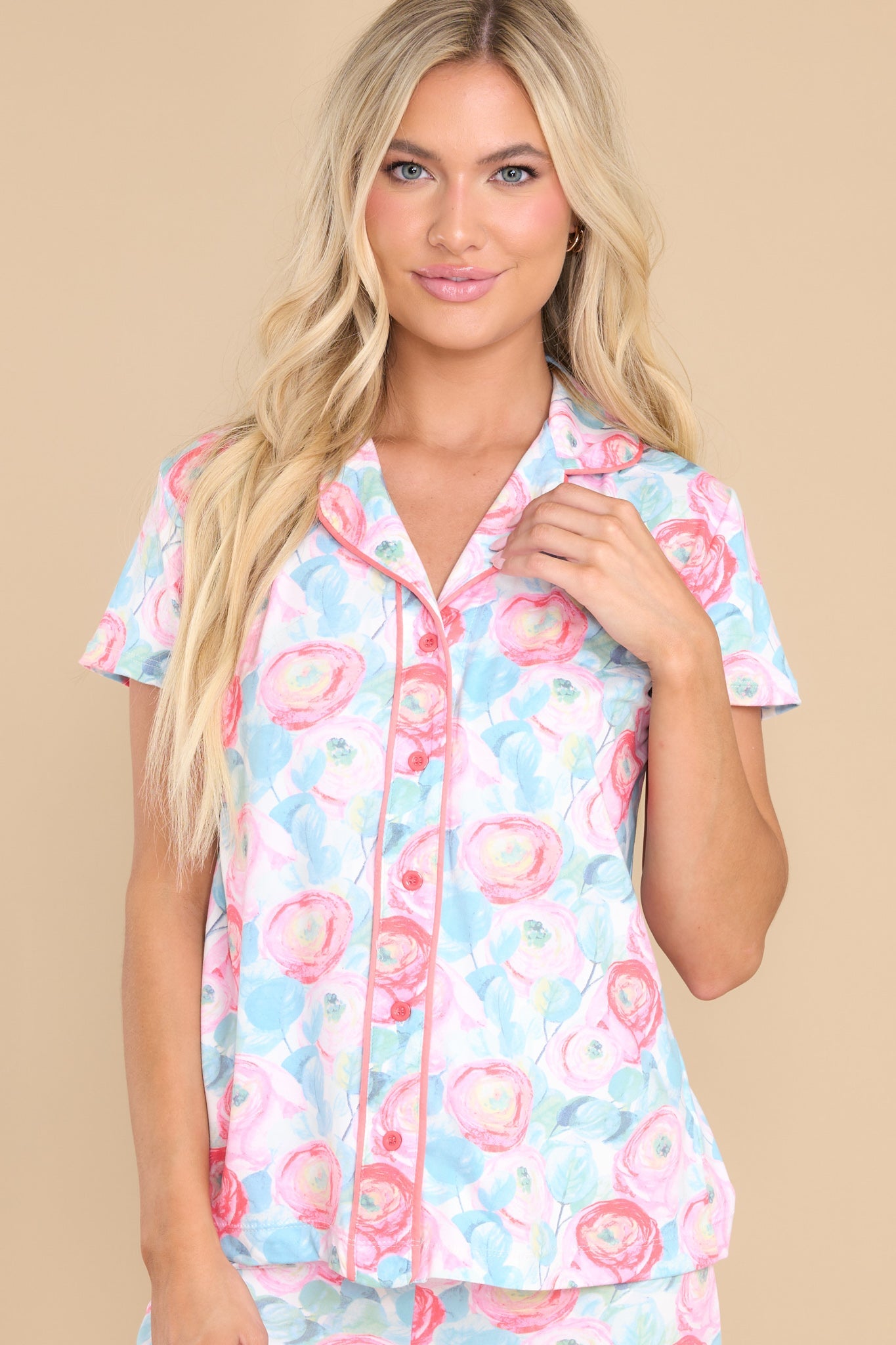 Am I Dreaming Pink Floral Print Pajama Top - Red Dress