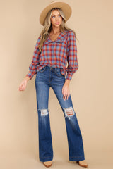 Aren't You Glad Dusty Blue Multi Plaid Top - Red Dress