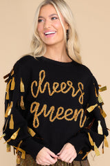 Black Cheers Queen Paillette Sweater - Red Dress
