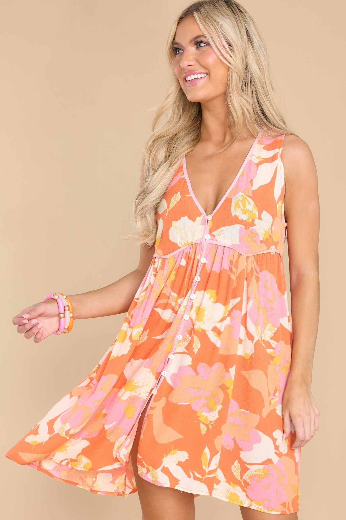 Blooming With Bliss Orange Floral Print Tunic - Red Dress
