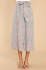 Front view of this skirt that showcases the vertical stripes in shades of blue and brown.