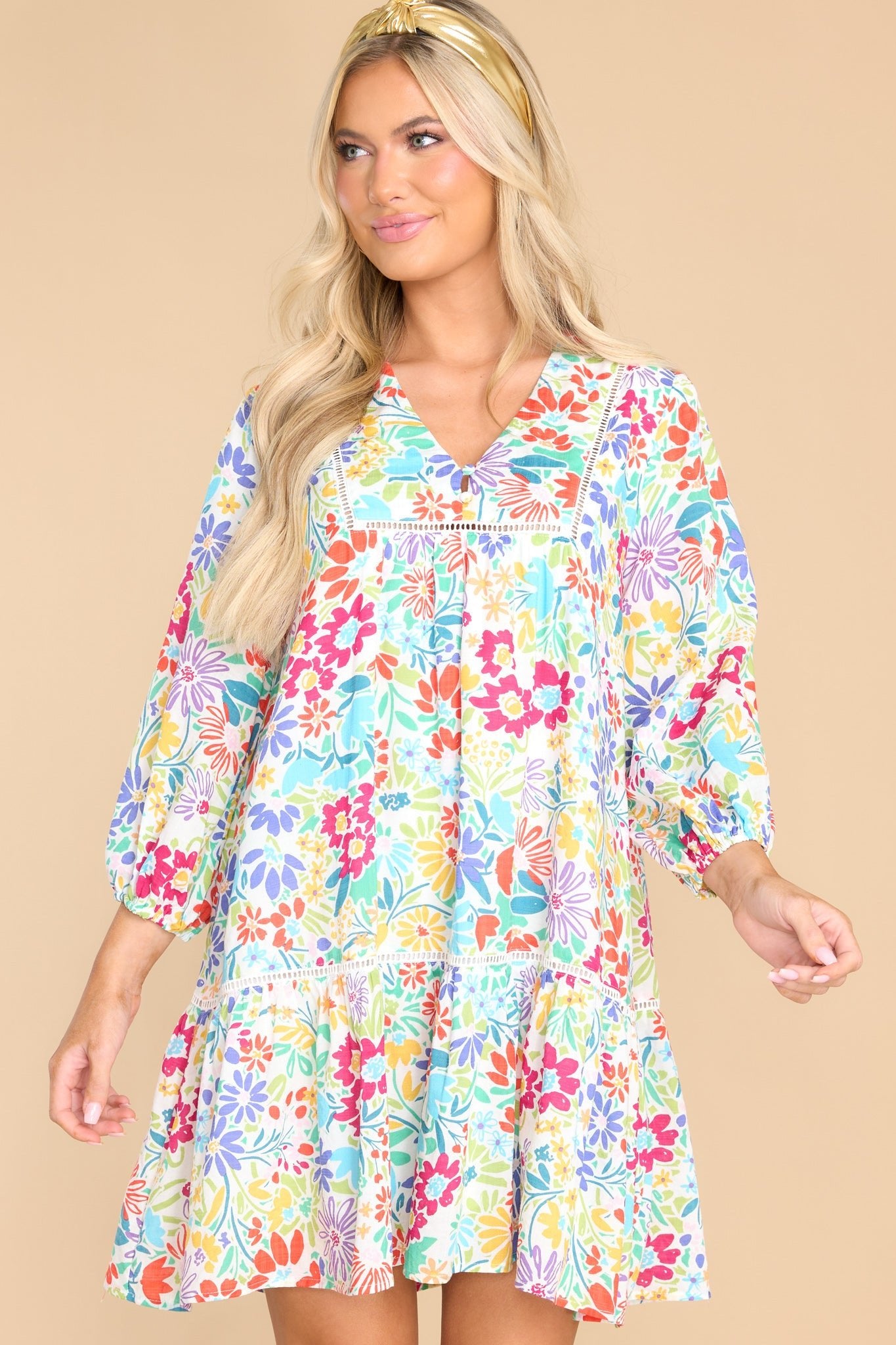 Bursting With Color White Floral Print Dress - Red Dress