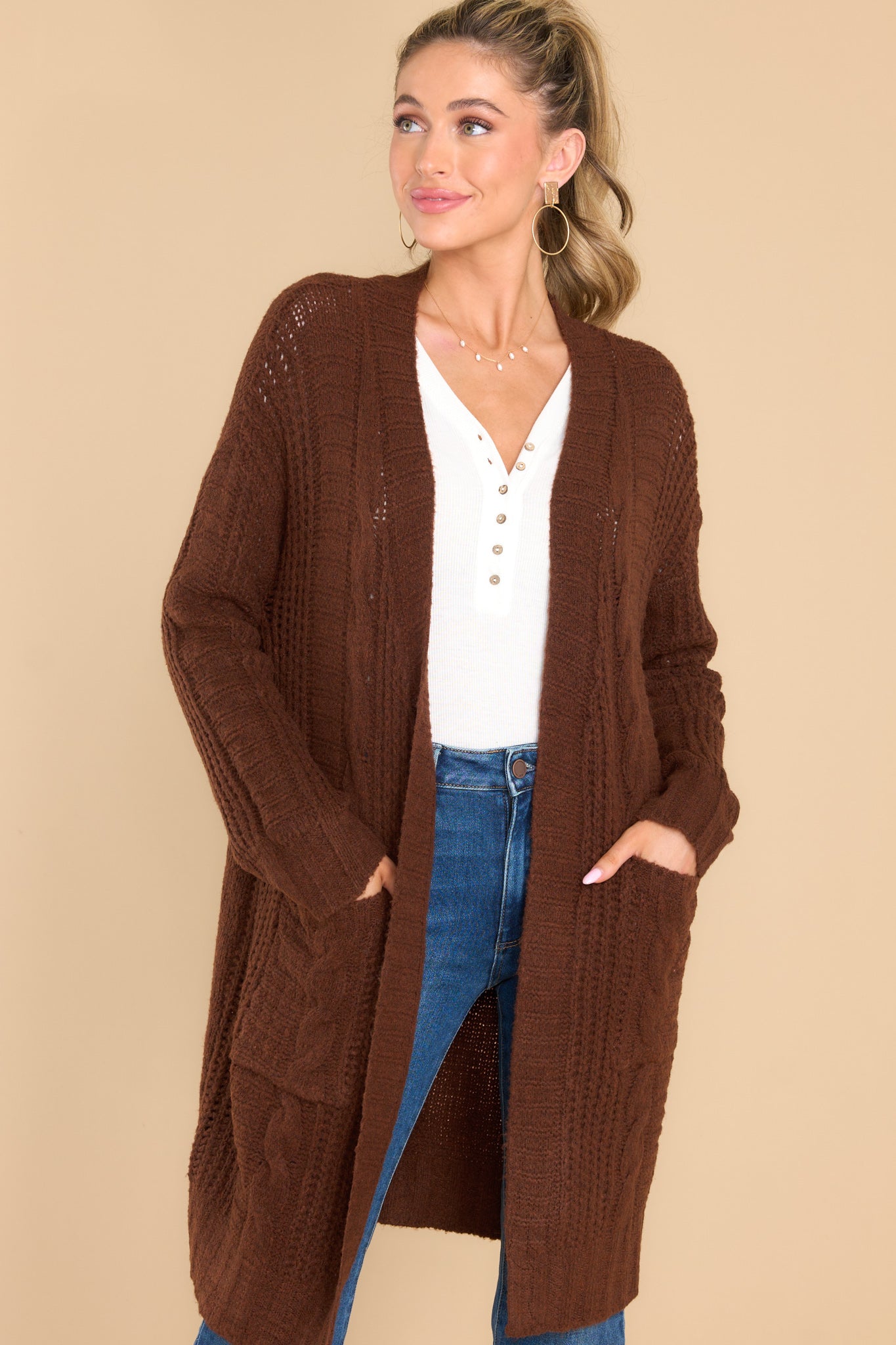 By The Fireplace Brown Cardigan - Red Dress
