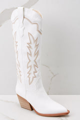 Outer-side view of these boots that feature a pointed toe and tan stitched design up the leg. 
