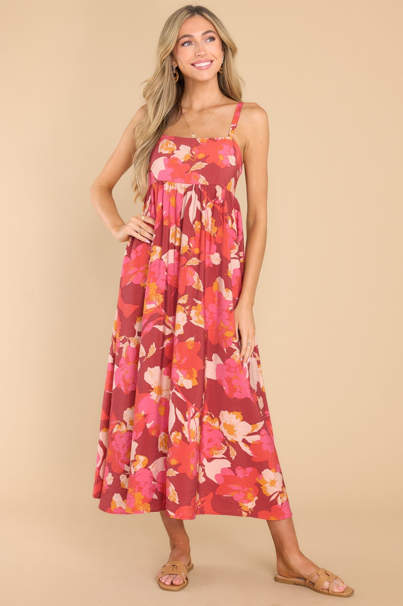 Dramatically Cute Red Floral Print Maxi Dress - Red Dress