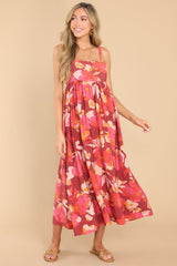 Dramatically Cute Red Floral Print Maxi Dress - Red Dress