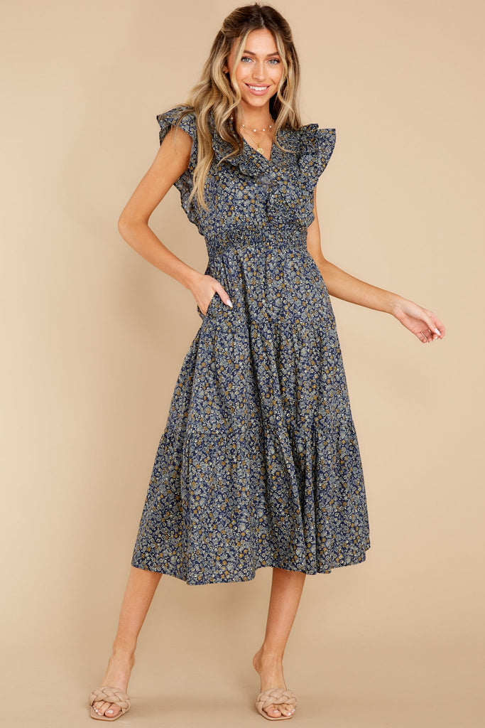 Cute Navy Floral Print V-Neck Midi Dress - Colors Of Fall | Red Dress