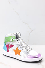 Outer-side view of these shoes that feature a high top design, multi colors throughout, and additional laces.