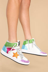 These multi-colored shoes feature a high top design, multi colors throughout, and additional laces. 