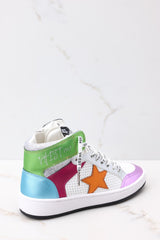 Back view of these shoes that feature a high top design, multi colors throughout, and additional laces.