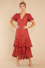 Elevated Elegance Rust Lace Midi Dress - Red Dress