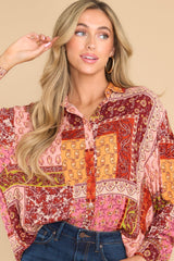 Escaping Reality Rust Multi Patchwork Print Top - Red Dress