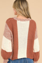 Back view of this sweater that features a round neckline, long sleeves with stretchy cuffs, a chunky knit texture, and a striped colorblock design.