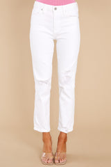 Feeling Light Hearted White Distressed Straight Jeans - Red Dress