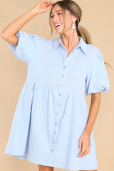 Front view of  this dress that features a collared neckline, functional buttons down the front, puff sleeves with elastic cuffs, functional waist pockets, and a flowy skirt.