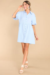 This blue dress features a collared neckline, functional buttons down the front, puff sleeves with elastic cuffs, functional waist pockets, and a flowy skirt.