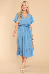Floating In The Wind Medium Wash Chambray Midi Dress - Red Dress