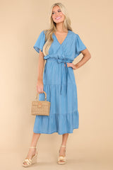 Floating In The Wind Medium Wash Chambray Midi Dress - Red Dress
