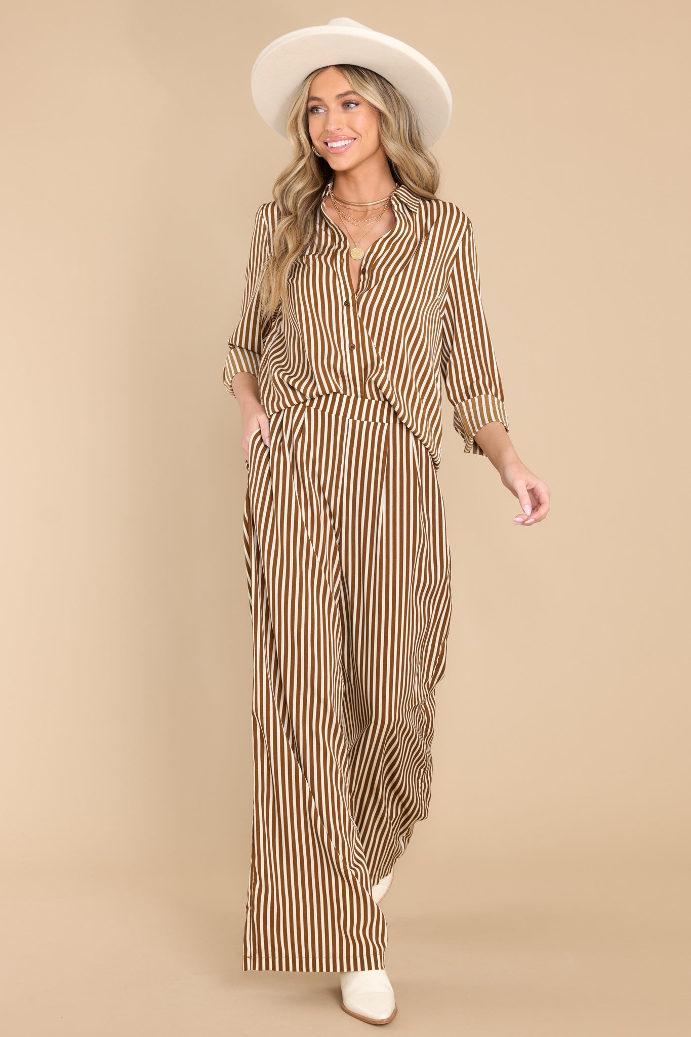 Freely Roaming Brown Striped Pants - Red Dress