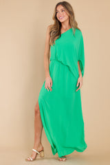 Front view of this dress that features an elegant side slit.