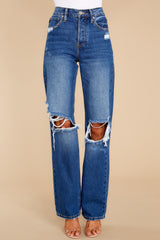 Getting It Right Medium Wash Distressed Straight Jeans - Red Dress