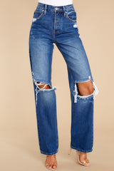 Getting It Right Medium Wash Distressed Straight Jeans - Red Dress