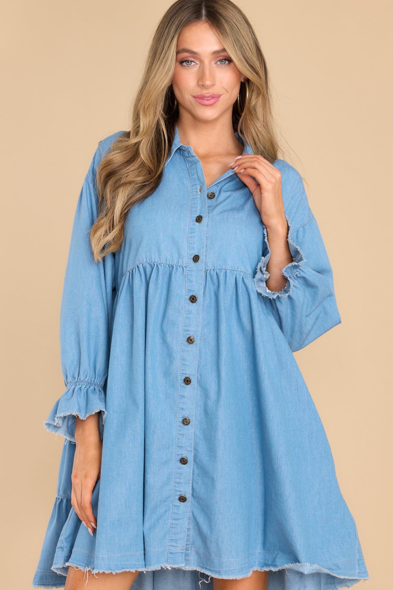 Give In To Me Light Wash Chambray Dress - Red Dress