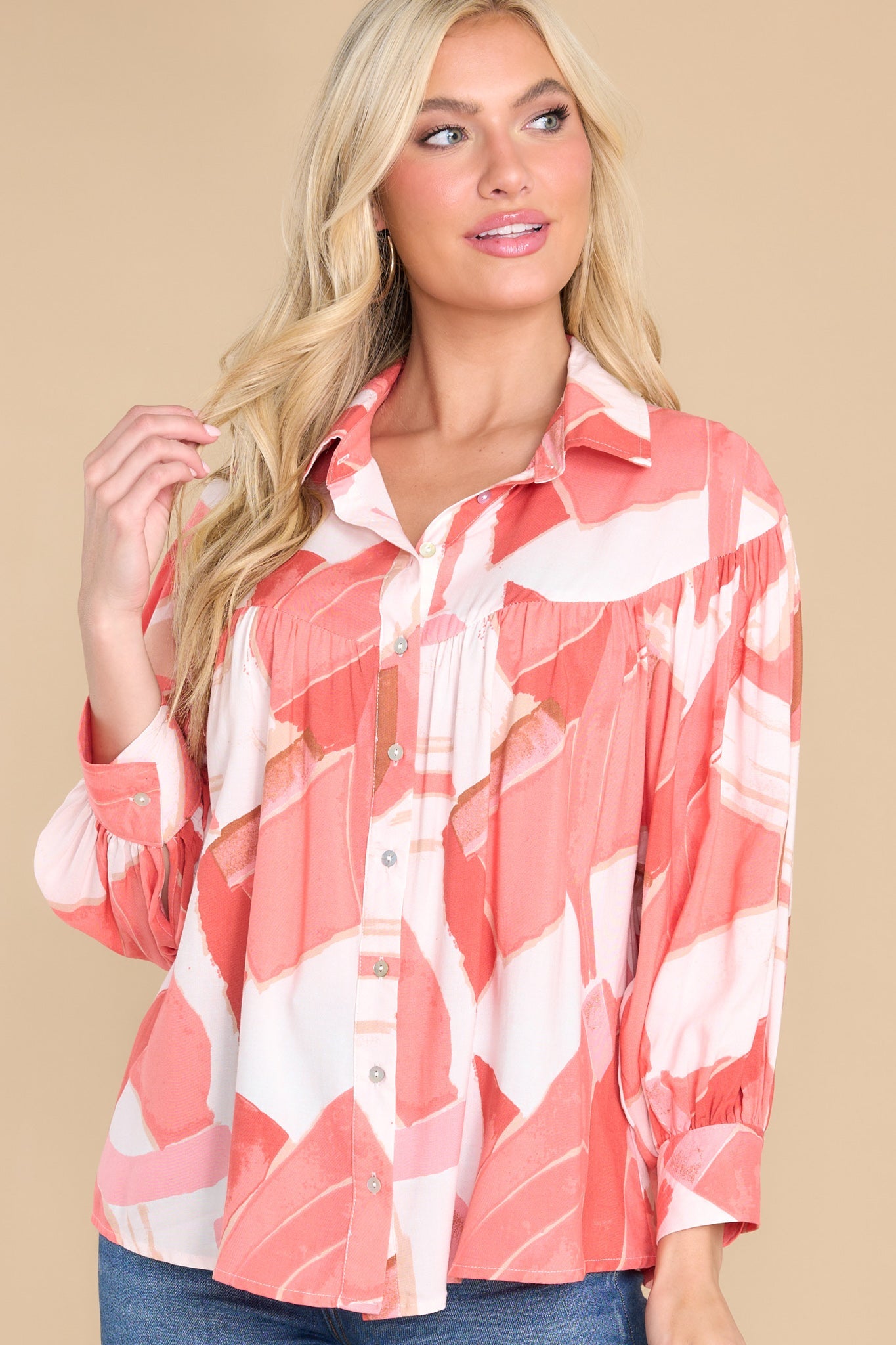 Give Me Your Attention Coral Multi Print Top - Red Dress
