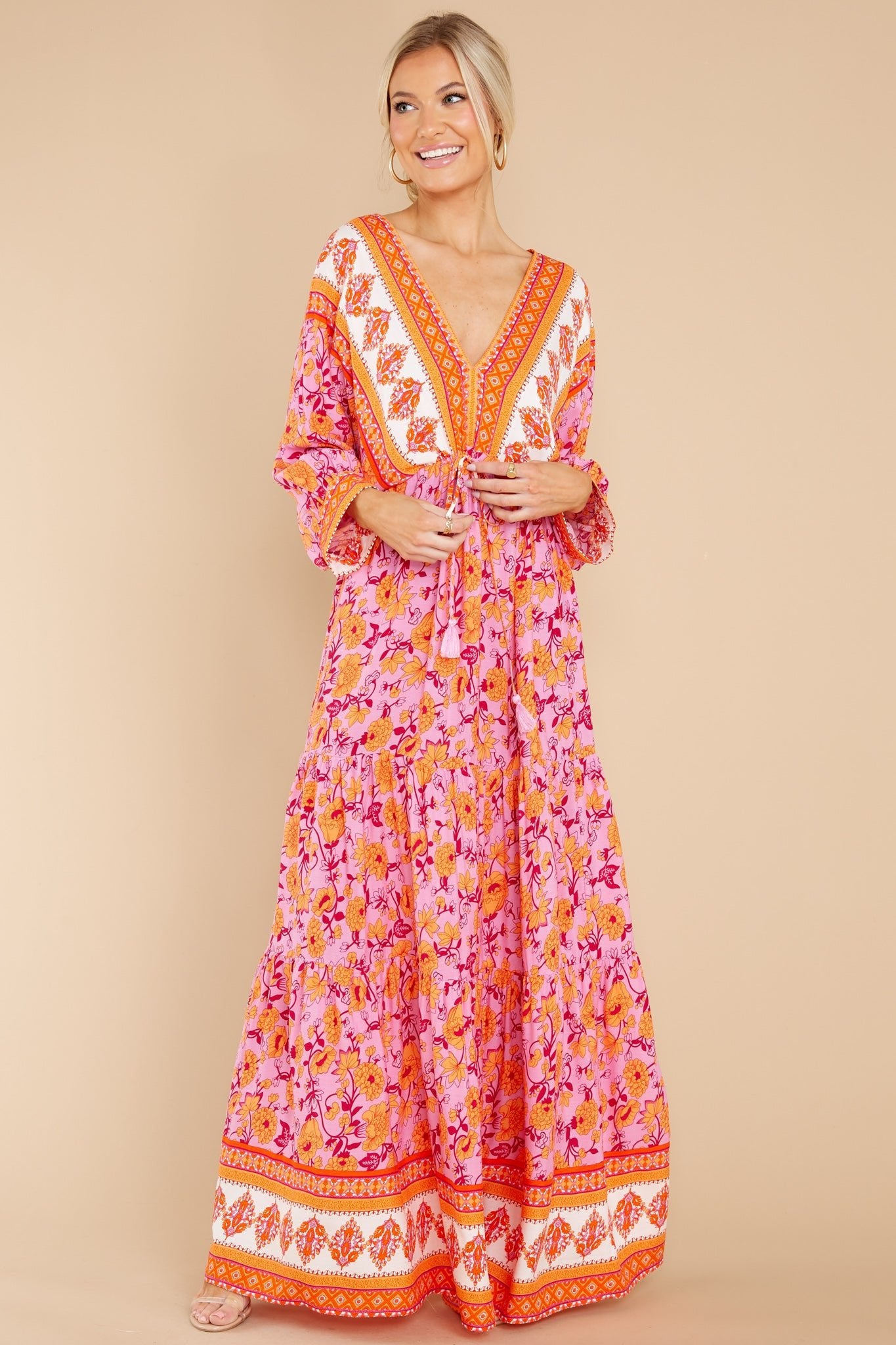 Pretty Pink And Orange Floral Dress - Maxi Dresses | Red Dress