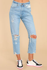 Heard A Rumor Light Wash Distressed Mom Jeans - Red Dress