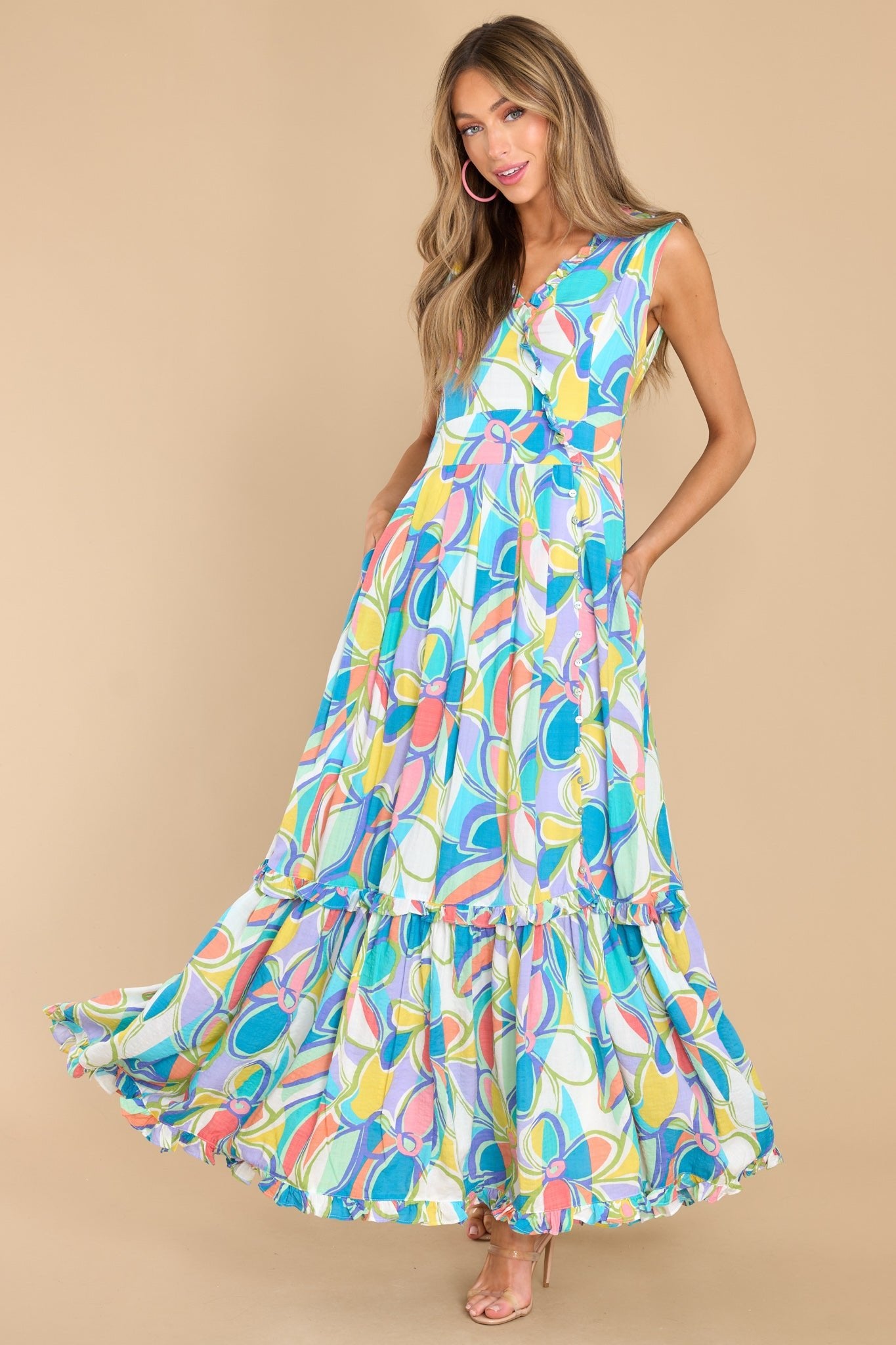 Here and Now Blue Multi Print Maxi Dress - Red Dress