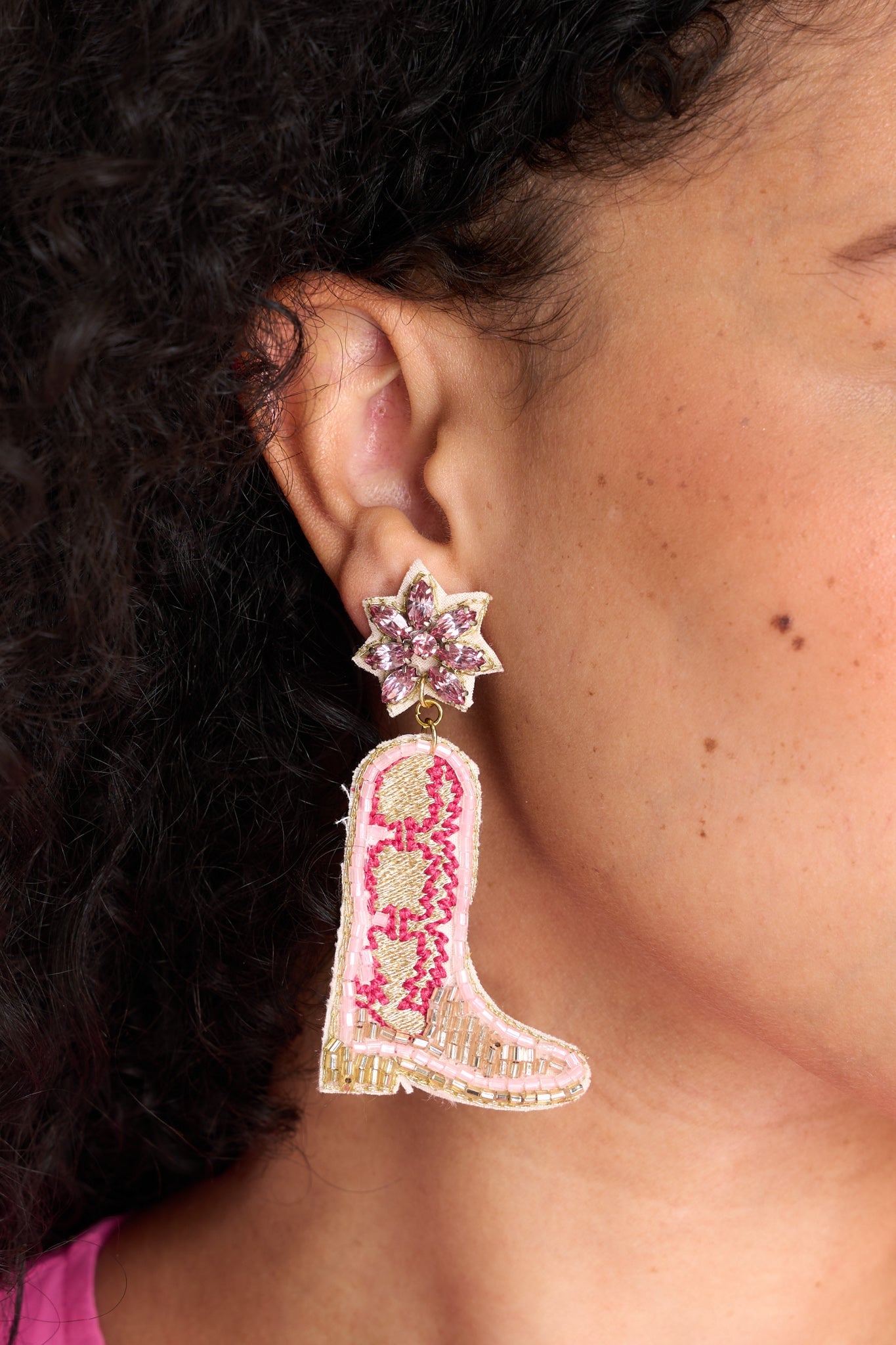 Beaded Pink Jacket Earrings, Bachelorette Earrings, Cowgirl Earring