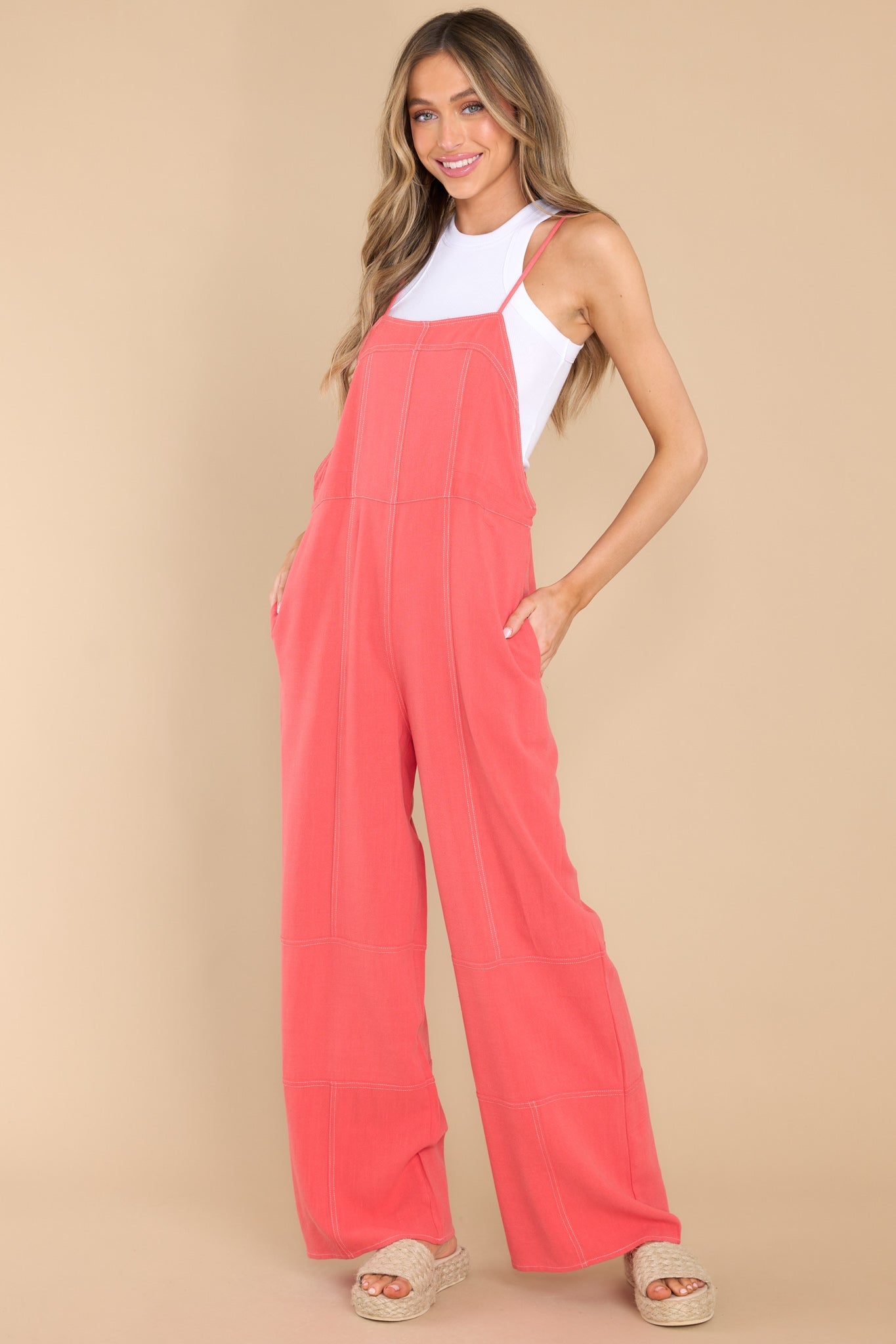 In My Own Rhythm Coral Overalls - Red Dress