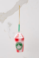 This red and green ornament features a 