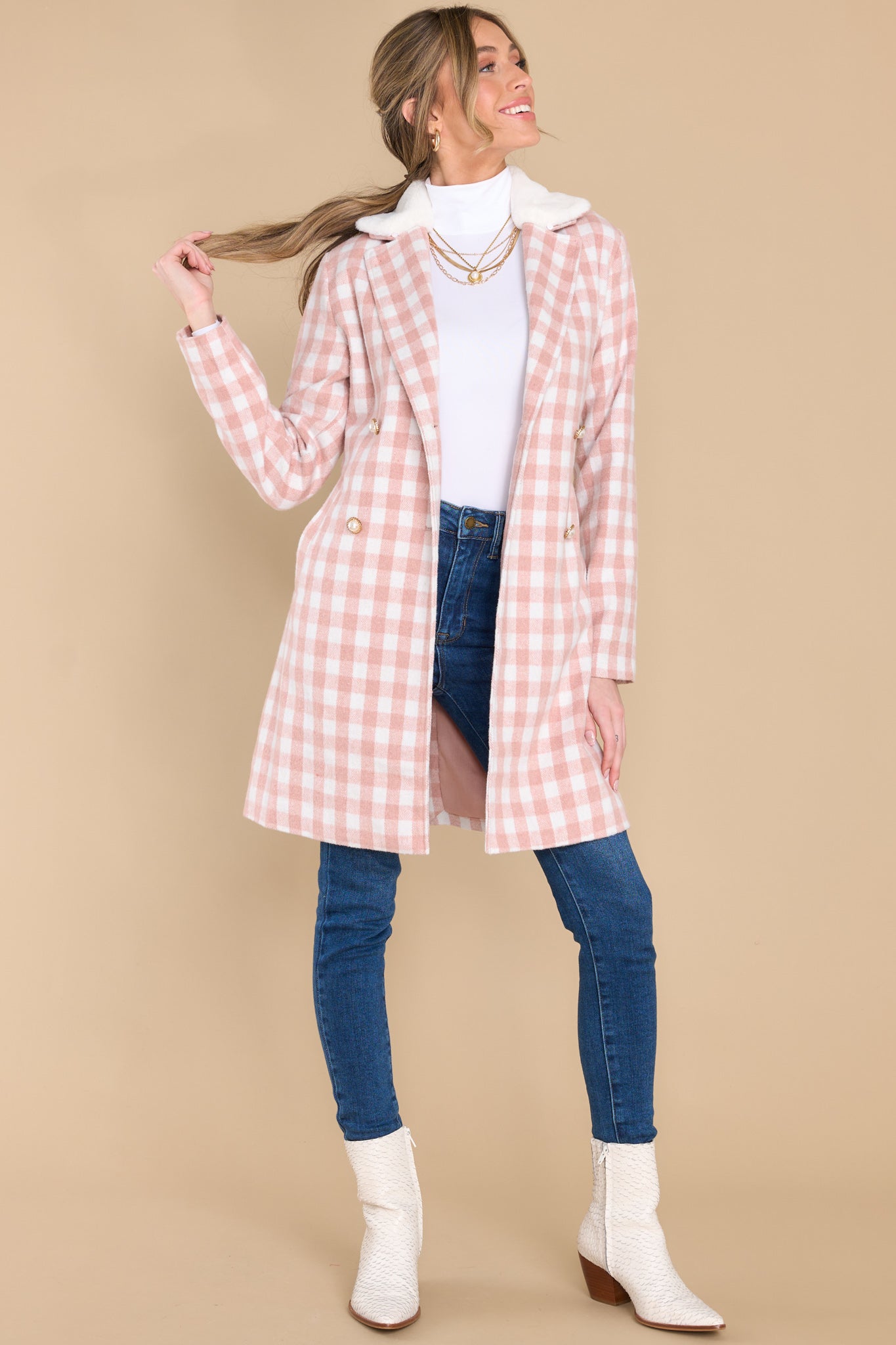 Dreamy Light Pink Plaid Coat - Outerwear | Red Dress