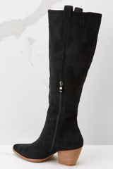 Inside view of black knee high boots with an inside zipper closure. 
